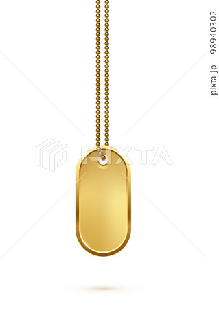 Empty oval gold military or dogs badge hanging on steel chain. Vector ellipse army object isolated on white background. Pendant with blank space for identification, blood type in case of injury. 98940302
