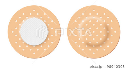 Adhesive bandage set of round shape, 3d realistic circle band aid, back and front view 98940303