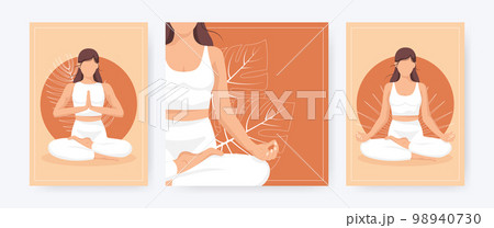 Yoga young woman, card concept. Set of 3 posters. Healthy lifestyle. Template. Vector illustration. 98940730