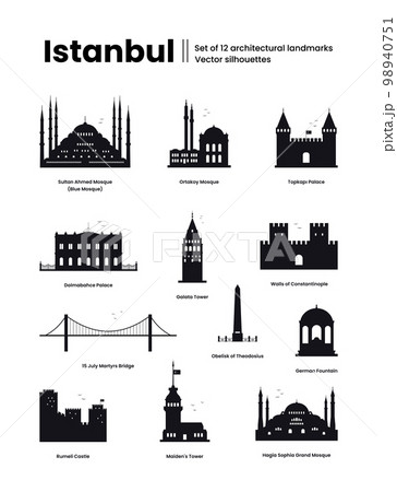 Istanbul Turkey concept. Set of 12 architectural landmarks. Silhouettes for wayfinding signs. Vector illustration on a white background. 98940751