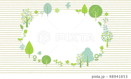 鳥や蝶が飛び回る、木と草花のフレーム 背景ストライプ 鳥や蝶が飛び回る、木と草花のフレーム 背景ストライプ 98941653