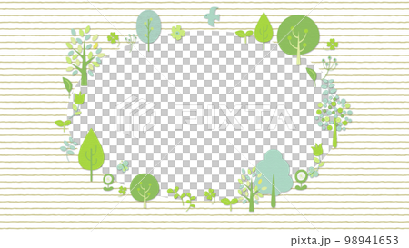 鳥や蝶が飛び回る、木と草花のフレーム 背景ストライプ 鳥や蝶が飛び回る、木と草花のフレーム 背景ストライプ 98941653