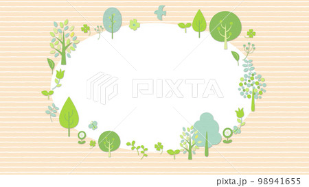 鳥や蝶が飛び回る、木と草花のフレーム 背景ストライプ 鳥や蝶が飛び回る、木と草花のフレーム 背景ストライプ 98941655