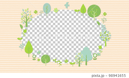 鳥や蝶が飛び回る、木と草花のフレーム 背景ストライプ 鳥や蝶が飛び回る、木と草花のフレーム 背景ストライプ 98941655