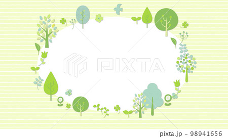 鳥や蝶が飛び回る、木と草花のフレーム   背景ストライプ 98941656