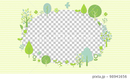 鳥や蝶が飛び回る、木と草花のフレーム   背景ストライプ 98941656