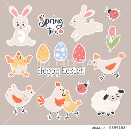 Easter stickers. Collection cute paschal animals, bunny, chick, poultry, sheep, eggs and spring tulip. Vector illustration. Isolated elements in flat cartoon style for design, kids collection, print. 98941684
