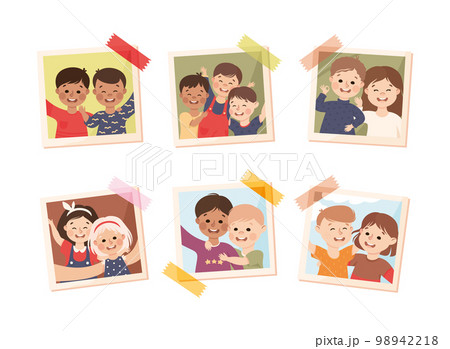 Photo Card or Snapshot with Happy Smiling Children Sticking on the Wall Vector Set 98942218