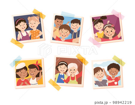 Photo Card or Snapshot with Happy Smiling Children Sticking on the Wall Vector Set Photo Card or Snapshot with Happy Smiling Children Sticking on the Wall Vector Set 98942219