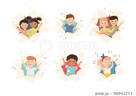 Children Looking Through Torn Paper Hole with Confetti Explosion Vector Set 98942255