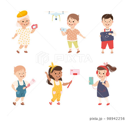 Cute Boy and Girl Using Gadget and Electronic Device Vector Set 98942256
