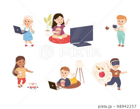 Cute Boy and Girl Using Gadget and Electronic Device Vector Set 98942257