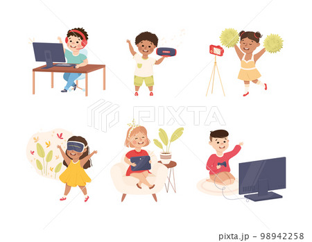 Cute Boy and Girl Using Gadget and Electronic Device Vector Set Cute Boy and Girl Using Gadget and Electronic Device Vector Set 98942258