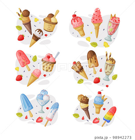Ice Cream in Waffle Cone and on Stick as Frozen Dessert and Sweet Snack Vector Composition Set Ice Cream in Waffle Cone and on Stick as Frozen Dessert and Sweet Snack Vector Composition Set 98942273