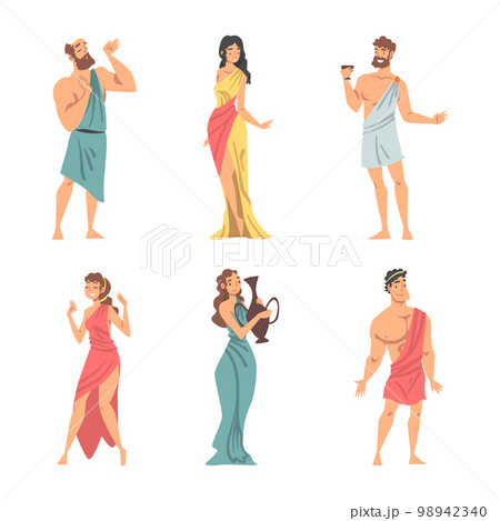 Greeks or Hellenes People Character in Ethnic Chiton Clothing Vector Illustration Set 98942340