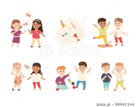 Offensive Kids Bullying and Abusing the Weak Agemate Teasing and Laughing at Them Vector Set 98942344