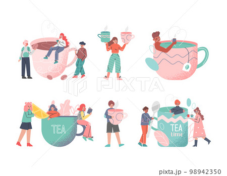 Coffee and Tea Time Break with Tiny People Character Enjoying Hot Drink in Cup Vector Set Coffee and Tea Time Break with Tiny People Character Enjoying Hot Drink in Cup Vector Set 98942350