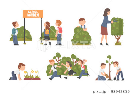 Little Children with Backpack Engaged in School Gardening with Teacher Vector Set Little Children with Backpack Engaged in School Gardening with Teacher Vector Set 98942359