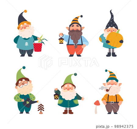Cute Gnome Character with Beard in Pointy Hat Engaged in Different Activity Vector Set 98942375