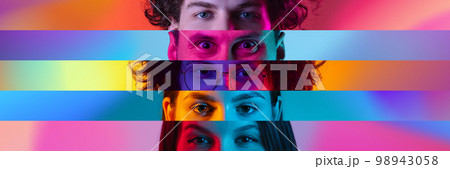 Cropped male and female different eyes placed on colored narrow stripes, lines. Concept of human emotions, facial expressions. Horizontal banner Cropped male and female different eyes placed on colored narrow stripes, lines. Concept of human emotions, facial expressions. Horizontal banner 98943058