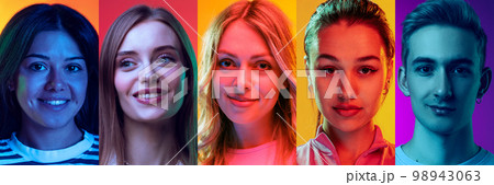 Composite image of diverse happy excited young people faces expressing joyful emotions over multicolored background. Concept of happiness, delight, facial expression 98943063