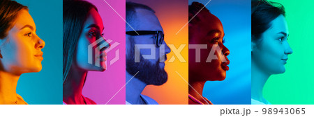 Collage of profile view faces of young men and women looking ahead over multicolored background in neon light. Concept of emotions, facial expression, fashion, beauty. 98943065