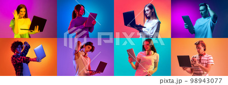 Young motivated emotional women and man using gadgets, tablet and laptop over colorful background in neon light. Job, education, communication, youth concept Young motivated emotional women and man using gadgets, tablet and laptop over colorful background in neon light. Job, education, communication, youth concept 98943077