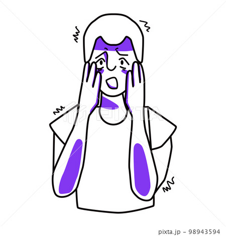 Young boy with fear emotion. Frightened kid with blond hair, horror panic mood, teenager covers his face with hands. Line with purple spots. 98943594