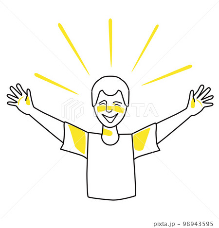 Happy boy, emotion of happiness. Joyful adolescent half body vector drawing, good spirit of female child, hands to the sides. Line with yellow spots. 98943595