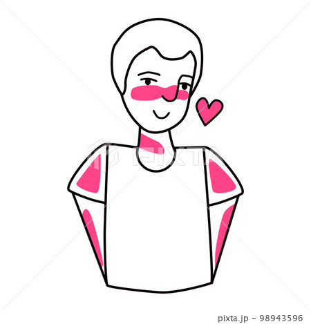 Shy boy with emotion of love. Beloved teenager half body drawing, sweetheart tender mood male teenager, amour affection young schoolboy flirting. Line with pink spots style. 98943596