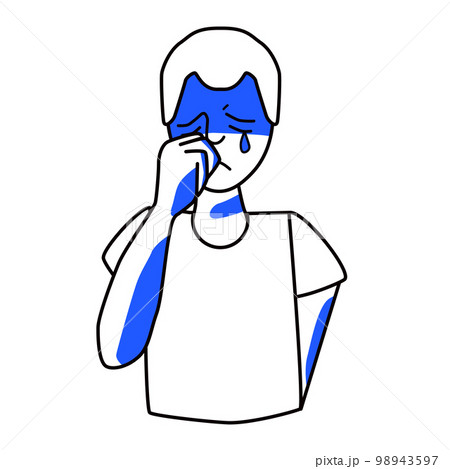 Sad boy, emotion of melancholy. Sadness teenager mood half body drawing, mourning adolescent with tears, crying melancholy, despair and grief. Line art with blue spots. Sad boy, emotion of melancholy. Sadness teenager mood half body drawing, mourning adolescent with tears, crying melancholy, despair and grief. Line art with blue spots. 98943597