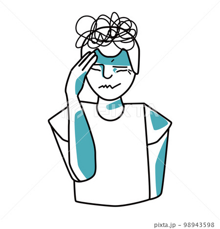Stressed boy, emotion of anxiety. Stressful mood of a teenager, under stress and pressure. Holding hand on a head. Half body drawing, line art with blue aqua spots. Stressed boy, emotion of anxiety. Stressful mood of a teenager, under stress and pressure. Holding hand on a head. Half body drawing, line art with blue aqua spots. 98943598