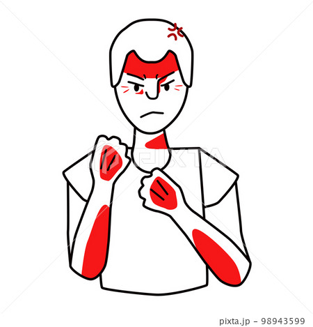 Angry young boy, furious emotion. Annoyed, fierce and savage teenager, negative evil mood male kid, threatened with fists. Line with red spots, half body drawing. Angry young boy, furious emotion. Annoyed, fierce and savage teenager, negative evil mood male kid, threatened with fists. Line with red spots, half body drawing. 98943599