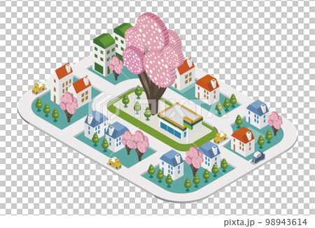 A beautiful spring cityscape and scenery of life with cherry blossoms. Urban development that blends nature and houses where people can live brightly. A beautiful spring cityscape and scenery of life with cherry blossoms. Urban development that blends nature and houses where people can live brightly. 98943614