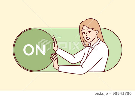 Smiling woman inside giant switch from web applications or internet site Smiling woman inside giant switch from web applications or internet site 98943780