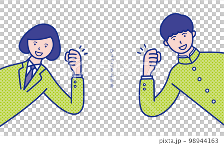 ガッツポーズをする学生の男女の上半身が横からひょっこりと出ているイメージのイラスト素材【セット】 98944163
