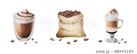 Watercolor set with coffee. Hand painting on isolated background. Mocha coffee, jute coffee bag, latte, americano, cappuchino, raff. For designers, menu, shop, bar, bistro, restaurant, for postcards 98944284