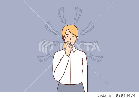 Girl touches lips thinking about ways to solve financial problems arises due to layoff at work 98944474