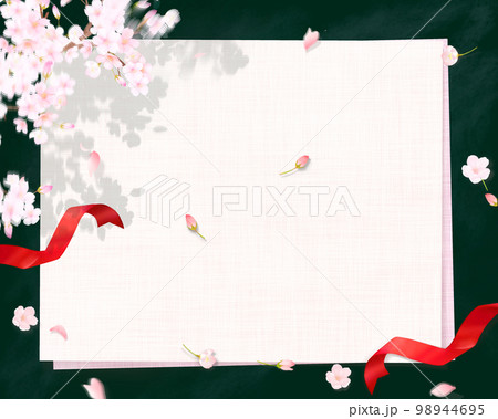 華やかな桜の花と黒板ーピンクとベージュの和紙と赤いリボンー春の花びら舞い散る背景素材 華やかな桜の花と黒板ーピンクとベージュの和紙と赤いリボンー春の花びら舞い散る背景素材 98944695