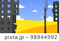 Destroyed buildings in front of a yellow field and blue sky 98944992