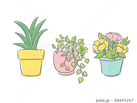 観葉植物と花の植木鉢 かわいくてシンプルな手描きイラストセットの