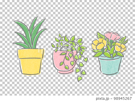 観葉植物と花の植木鉢 かわいくてシンプルな手描きイラストセットのイラスト素材 [98945267] - PIXTA