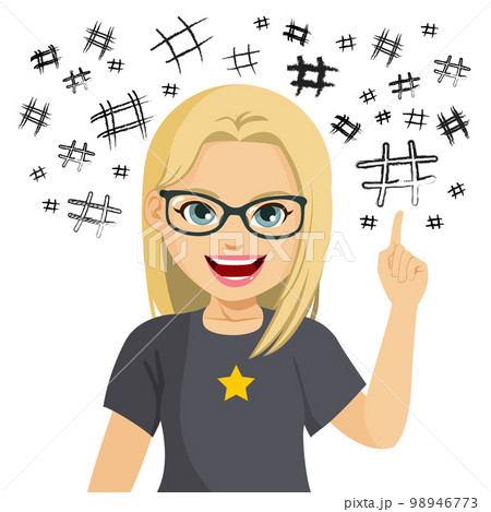 Happy Girl Pointing Hashtag Symbol Happy Girl Pointing Hashtag Symbol 98946773