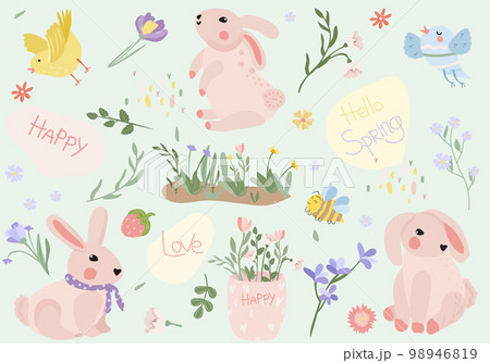 Spring composition with a cute rabbit, chickens, a bouquet of flowers, a bird, green leaves on the inscription spring. Bright compositions for posters, banners, cards, Easter, spring holidays. Vector. 98946819