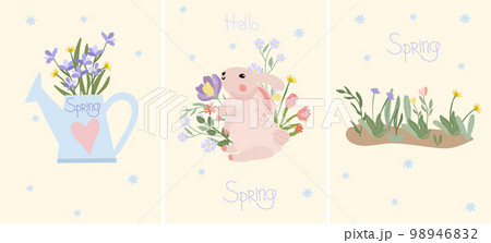 A combo of bright spring compositions with flowers in a garden watering can, a cute bunny and spring flowers. Ideal for banners, cards, posters, stickers. Vector illustration A combo of bright spring compositions with flowers in a garden watering can, a cute bunny and spring flowers. Ideal for banners, cards, posters, stickers. Vector illustration 98946832