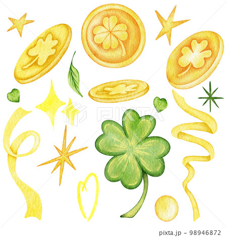 Set for st. Patrick's day with green clover leaf and golden coins. watercolor hand draw illustration. white isolated background. 98946872