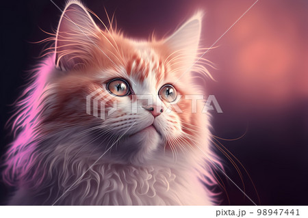 Beautiful fluffy ginger cat portrait on sunset light background. Generative AI illustration, copy space 98947441