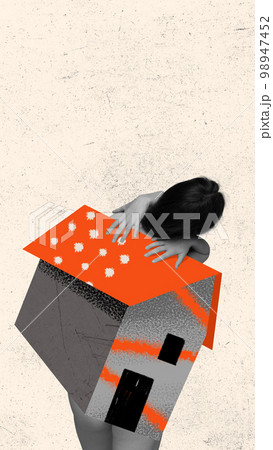 Conceptual art collage in minimalistic style about theme of resettlement, migration, refugees in war time. Concept of world social issues, problems Conceptual art collage in minimalistic style about theme of resettlement, migration, refugees in war time. Concept of world social issues, problems 98947452