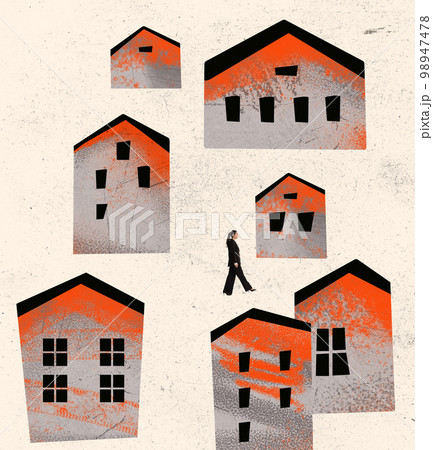 Girl walking among buildings. Conceptual art collage in minimalistic style about theme of resettlement, migration, refugees in war time. Concept of world social issues, problems 98947478