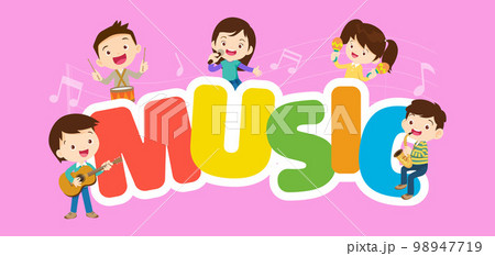 Play music concept of children group.Cartoon dancing kids and kids with musical instruments.cute child musician various actions playing music Play music concept of children group.Cartoon dancing kids and kids with musical instruments.cute child musician various actions playing music 98947719